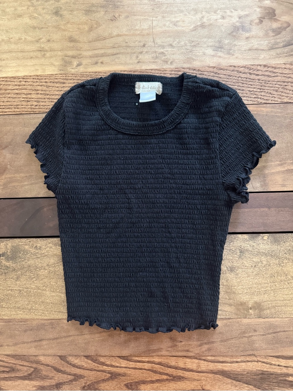 Altar’d State Black Smocked Lettuce-Edge Short Sleeve Top